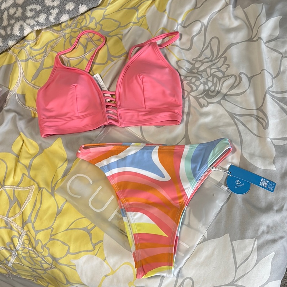 Pink Bikini Top and Colorful Bottoms